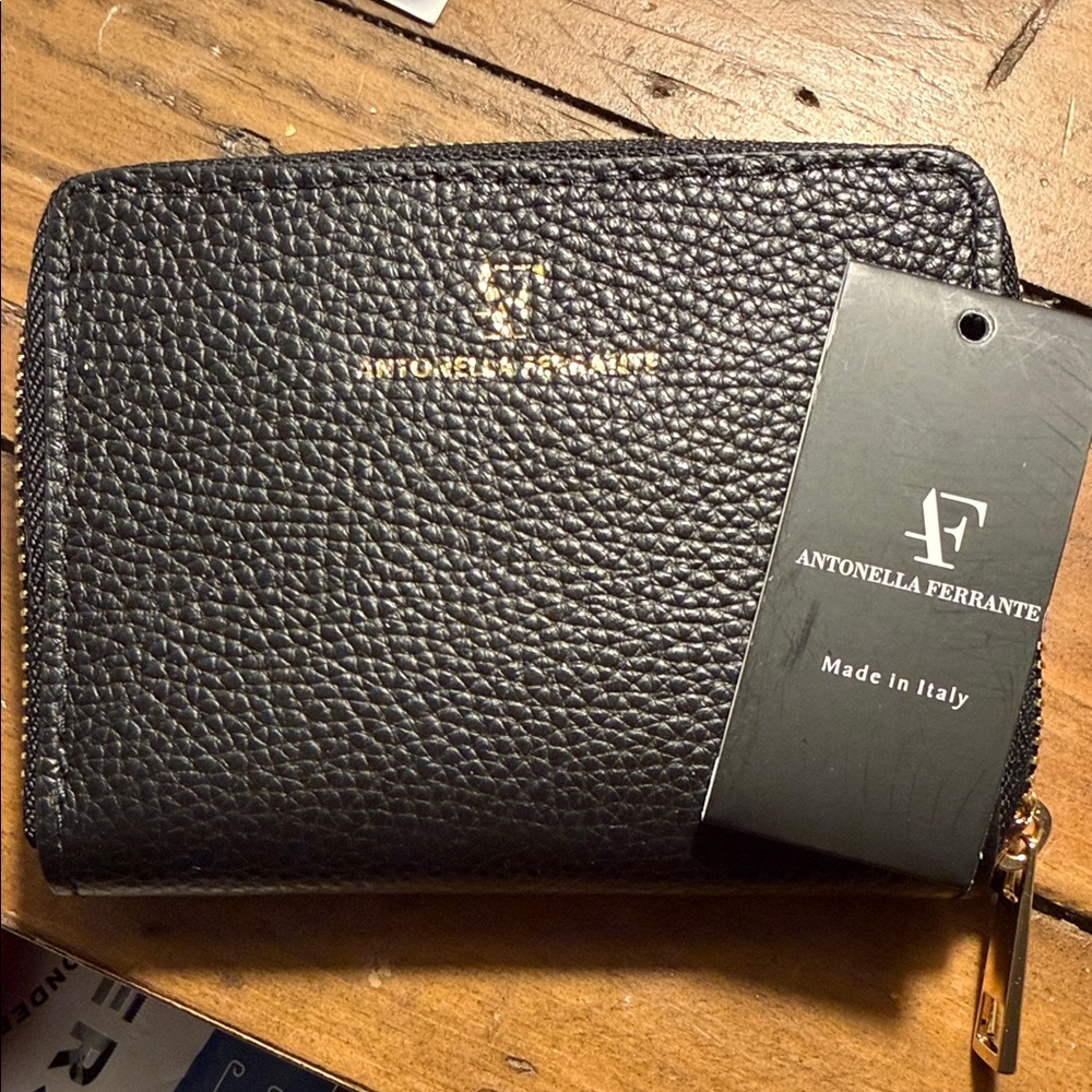 Black Zip-Around Pebbled Leather Wallet with Gold Hardware